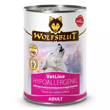 Slapjā suņu barība Wolfsblut VetLine Hipalerģisks Zirgs 395 g kārba, pilnvērtīga barība pieaugušiem suņiem, olbaltumvielas 10%, tauki 4,5%, mitrums 80%