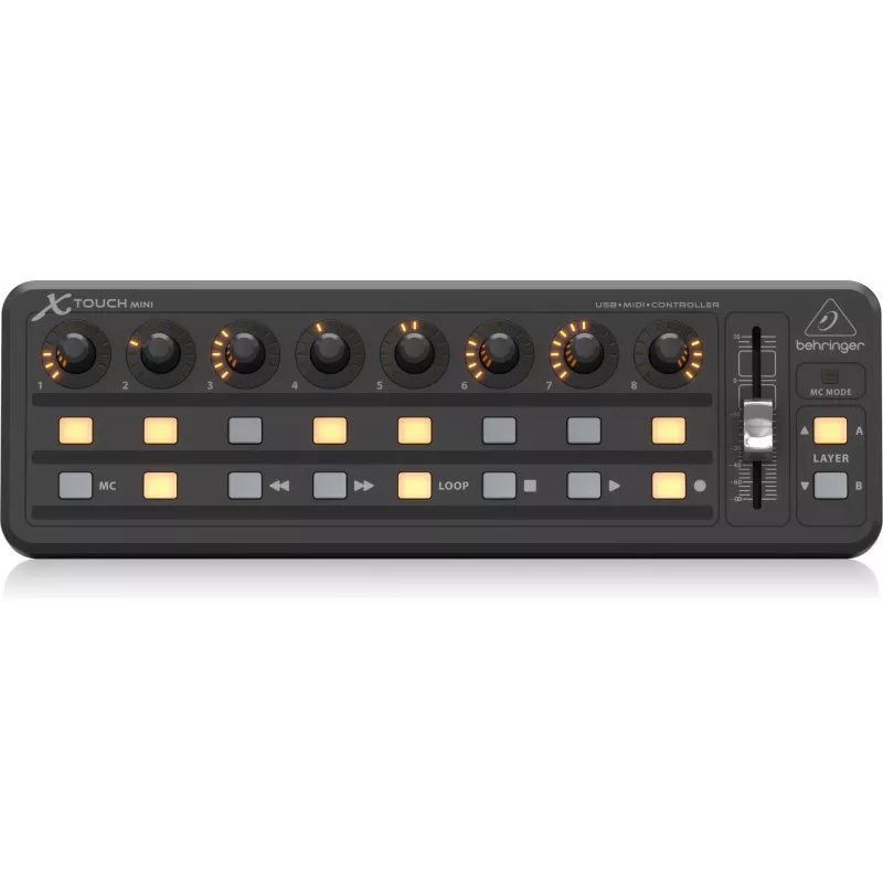 MIDI tastatūra USB Behringer X-TOUCH MINI, vadības elementi: pogas, rotējošie slīdņi, ripas