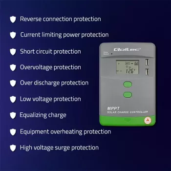 Qoltec MPPT saules lādētāja kontrolieris ar temperatūras sensoru 20A 12V/24V LCD displejs 2 x USB