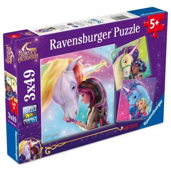Puzle Ravensburger Unicorn Academy — 3 x 49 gabali, komplekts bērniem