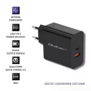 Strāvas adapteris QOLTEC 51716 — 220–240V AC uz 20V 3A (63W), melns, iekštelpu universāls lādētājs