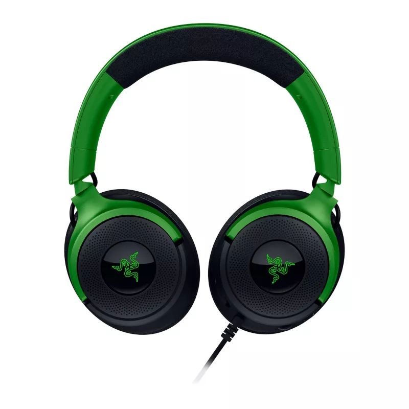 Vadu spēļu austiņas Razer Kraken V4 X — supra-aurālās, 20–20000 Hz, 1.8 m kabelis, 310 g, melns/zaļš