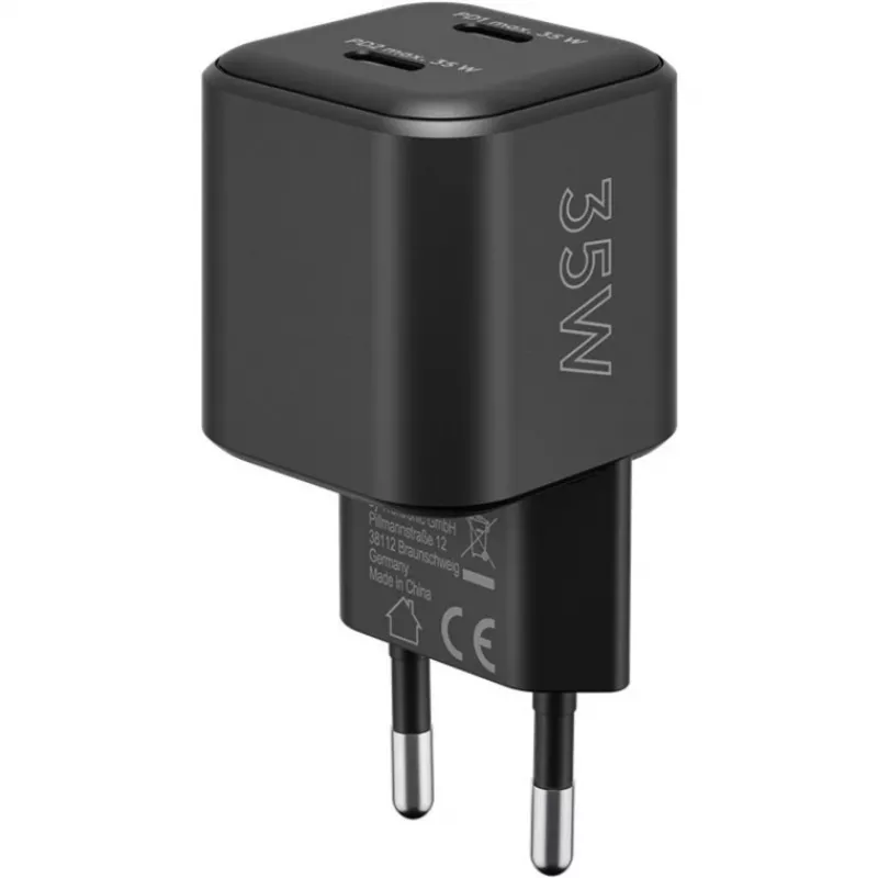 Sienas lādētājs GOOBAY 75333 — Universāls iekštelpu AC USB-C lādētājs, 2x USB-C, 35 W, Melns