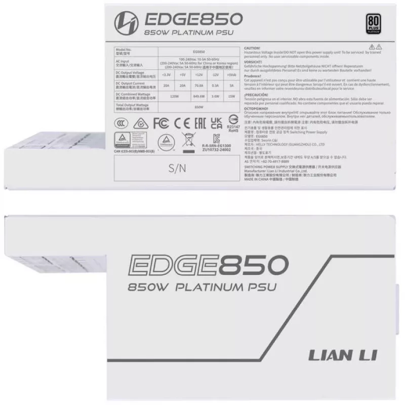 Barošanas bloks Lian Li EG0850 850 W SFX, 20-pin ATX, 80 PLUS Gold, Balts