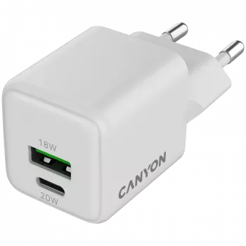 Canyon CU20AC GaN 20W PD lādētājs, 2 porti (USB-A/USB-C), balts