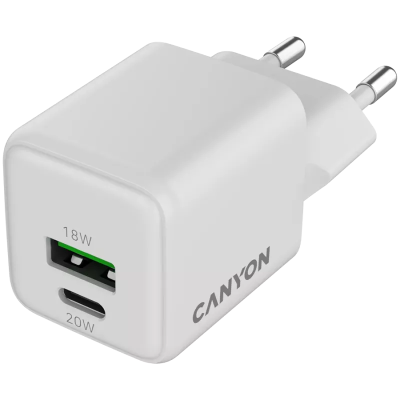Canyon CU20AC GaN 20W PD lādētājs, 2 porti (USB-A/USB-C), balts