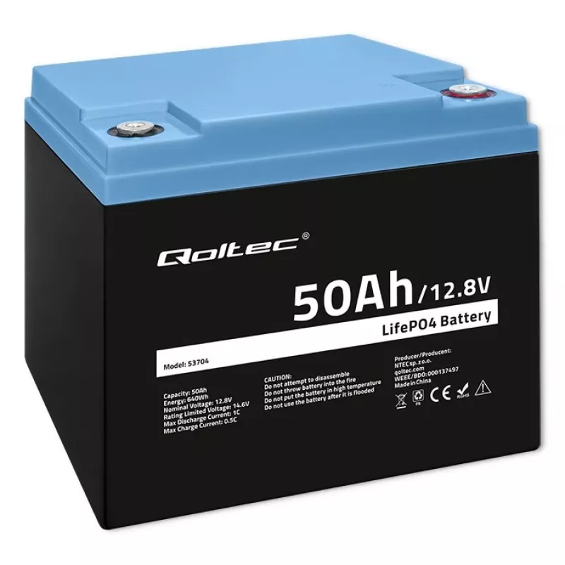 LiFePO4 akumulators QOLTEC 12.8V 50Ah (model 53704) rezerves barošanai un enerģijas uzkrāšanai
