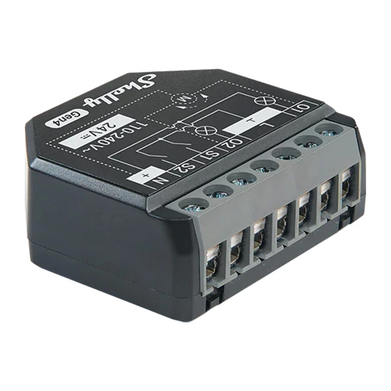 Shelly 2PM Gen4 divkanālu žalūziju un slēģu izpildmehānisms, AC 110–240V, 2.4 GHz Wi‑Fi, 1.4 W, 8000 KB zibatmiņa