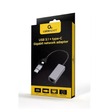 USB 3.1 Type-C Gigabit tīkla adapteris Gembird A-USB3AC-LAN-01 — 1× RJ-45, 1000 Mbps, USB 3.2 Gen 1, metāla korpuss, pelēks