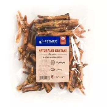 Suņu košļājamais kārums PETMEX Chicken Paw 500 g — dabīgs vistas garšas zobu tīrīšanas kārums pieaugušiem suņiem