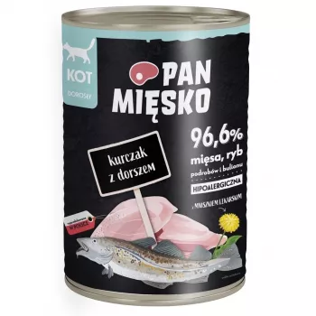 Slapjā kaķu barība Pan Miesko Vistas gaļa ar mencu 400 g — Pieaugušiem, Bezgraudu, Alerģiskiem kaķiem