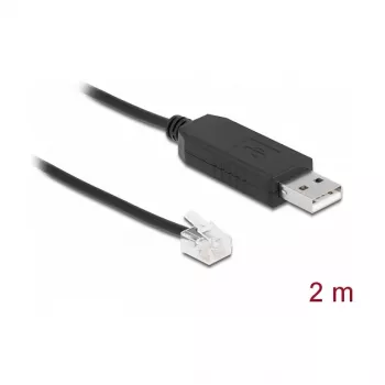 Adapterkabelis DeLOCK USB Type-A uz Serial RS-232 RJ12 ar ESD aizsardzību 2 m Melns