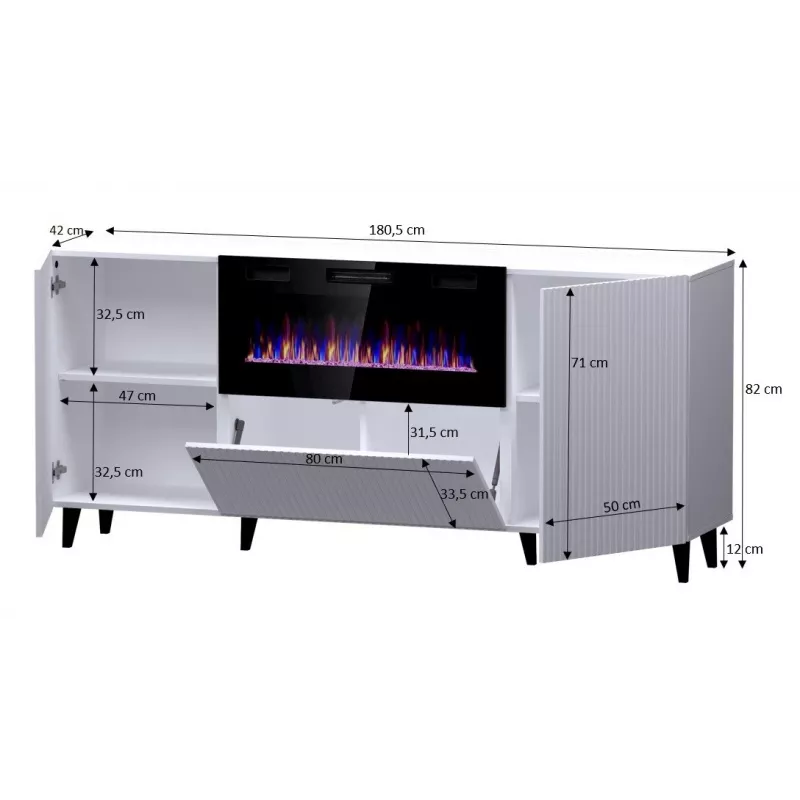Kumode ar elektrisko kamīnu Cama Meble PAFOS 180x42x82 cm matēti melna, 3 durvis, 2 plaukti, 1400–1600 W