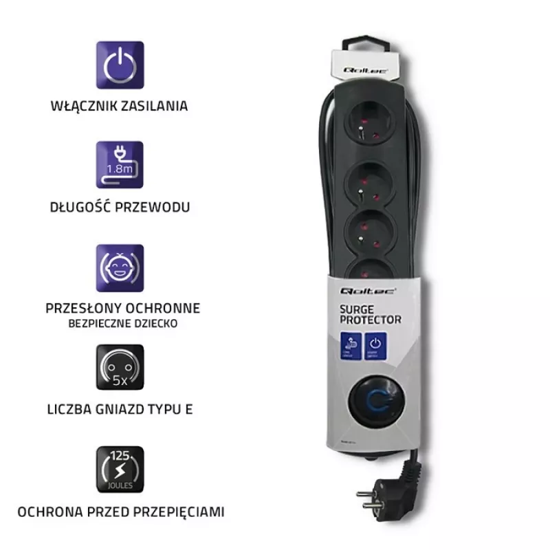 Pārsprieguma aizsargs Qoltec 50269 Melns 5 AC Kontaktligzdas 230V