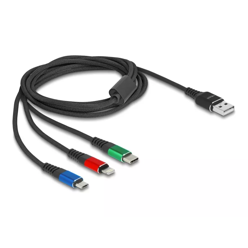 DeLOCK 90156 USB lādēšanas kabelis 3-in-1, Type-A uz Lightning / Micro USB / USB Type-C, 2 m, daudzkrāsains