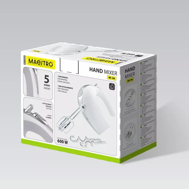 Roku mikseris Maestro MR-506 — 2 ātrumi, balts, kompakts virtuves mikseris