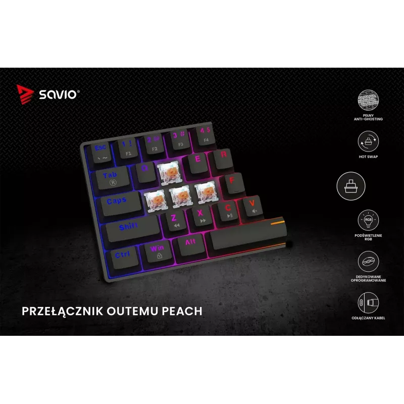 Mehāniskā spēļu tastatūra SAVIO BLACKOUT X2 PEACH — 61 taustiņš 60% QWERTY, RGB LED, hot-swap, USB Type-A/Type-C, atvienojams kabelis