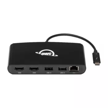 OWC Thunderbolt 3 Mini dokstacija, 5 porti, savieno divus 4K displejus, Gigabit Ethernet savienotājs, integrēts kabelis