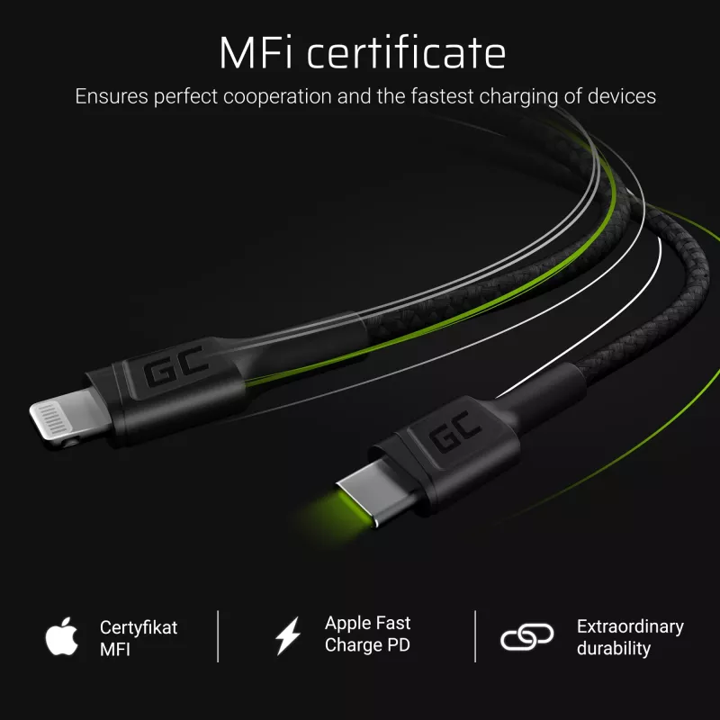 Lightning uz USB‑C kabelis Green Cell KABGC07, 1 m, melns