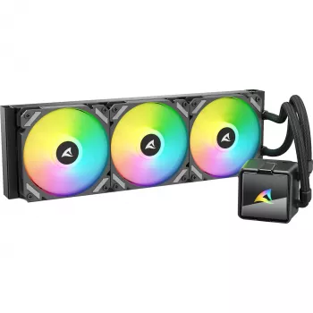Šķidruma dzesēšanas sistēma Sharkoon S60 ARGB — 360 mm radiators, 3×120 mm PWM ventilatori, Melna