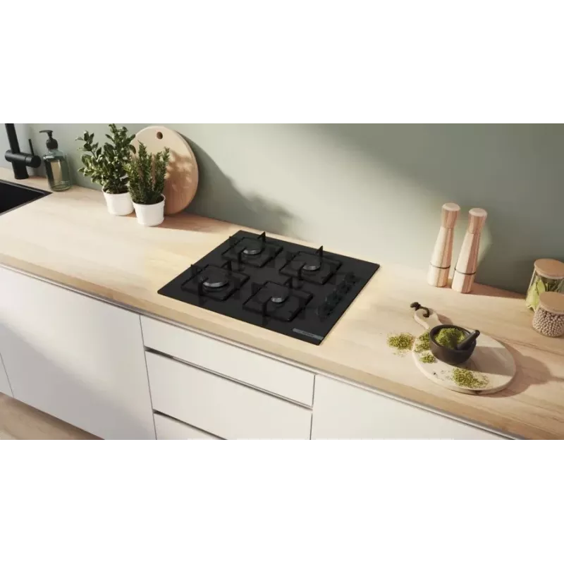 Iebūvējamā gāzes plīts virsma Bosch Serie 2 POP6B6K30 60 cm, 4 gāzes zonas, melns rūdīts stikls, rotācijas vadība