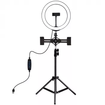 LED gredzena gaisma 26cm ar statīvu līdz 1.1m un 3 tālruņu turētājiem, USB