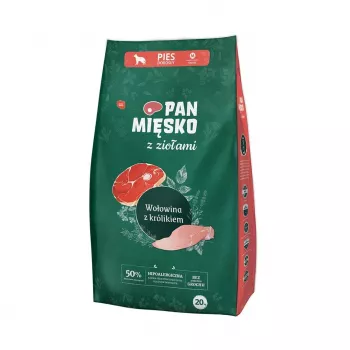 Sausā barība suņiem Pan Miesko Mr. Meat ar zaļumiem Liellopu gaļa ar Trusi M 20 kg Pouch, vidējām šķirnēm, Olbaltumvielas 30% Tauki 20%