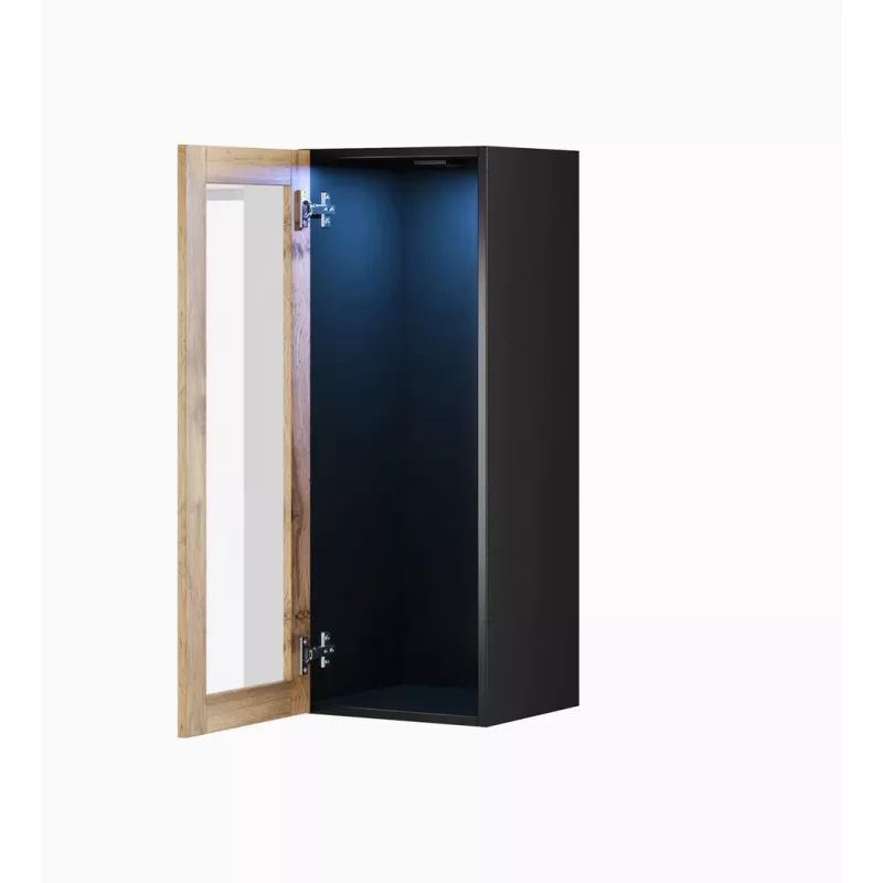 Pie sienas montējams vitrīnas skapis VIGO 90, stikls, 90×35×32 cm, melns/Wotan ozols