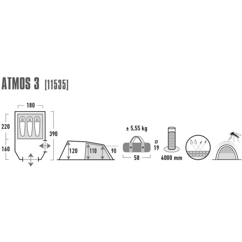 High Peak Atmos 3 kupolveida telts 3 personām Melna, Zaļa 11535