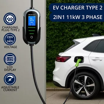 Elektroauto lādētājs QOLTEC Mobile EV 2in1 Type2 11 kW 400 V Wi‑Fi TUYA SMART LIFE LCD portatīvā wallbox 5 m kabelis