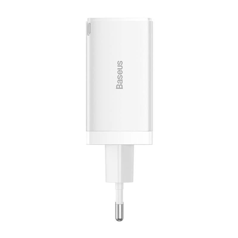 Sienas lādētājs Baseus GaN5 Pro 65W — USB + 2×USB-C (QC3.0, PD3.0) ar 1m USB-C kabeli, balts