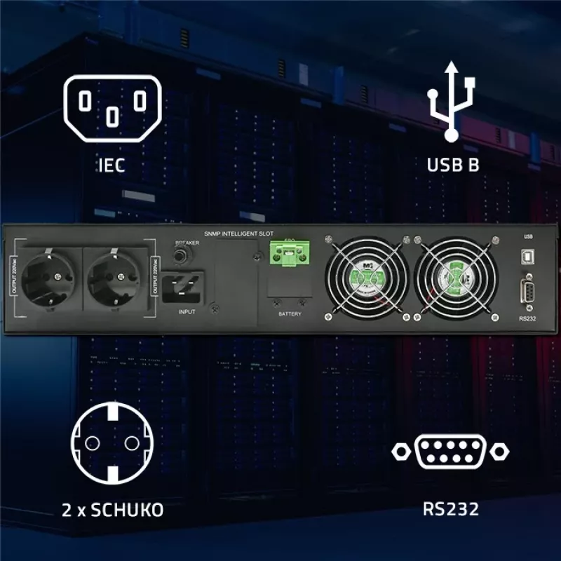 Qoltec nepārtrauktās barošanas avots AWARYJNY DO RACK 3KVA 3000W jaudas koeficients 1.0 LCD EPO USB on-LINE (3VA, 3000W, dubultās pārveidošanas online UPS)