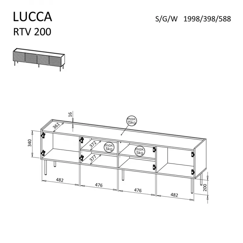 TV skapis cama meble LUCCA 4D, 2000×400×590 mm, balts, skaidu plātnes virsma
