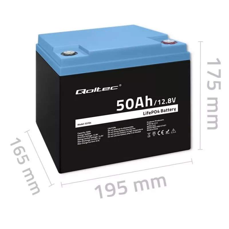 LiFePO4 akumulators QOLTEC 12.8V 50Ah (model 53704) rezerves barošanai un enerģijas uzkrāšanai