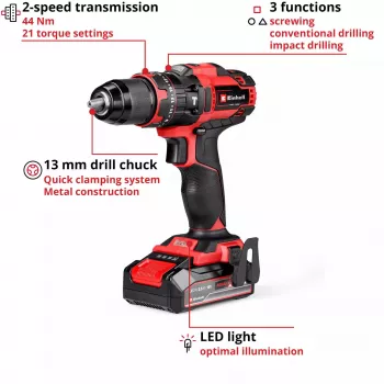 Einhell TE-CD 18/44 Li-I bezvadu urbjmašīna 24000 RPM 1.59 kg Melna, Sarkana