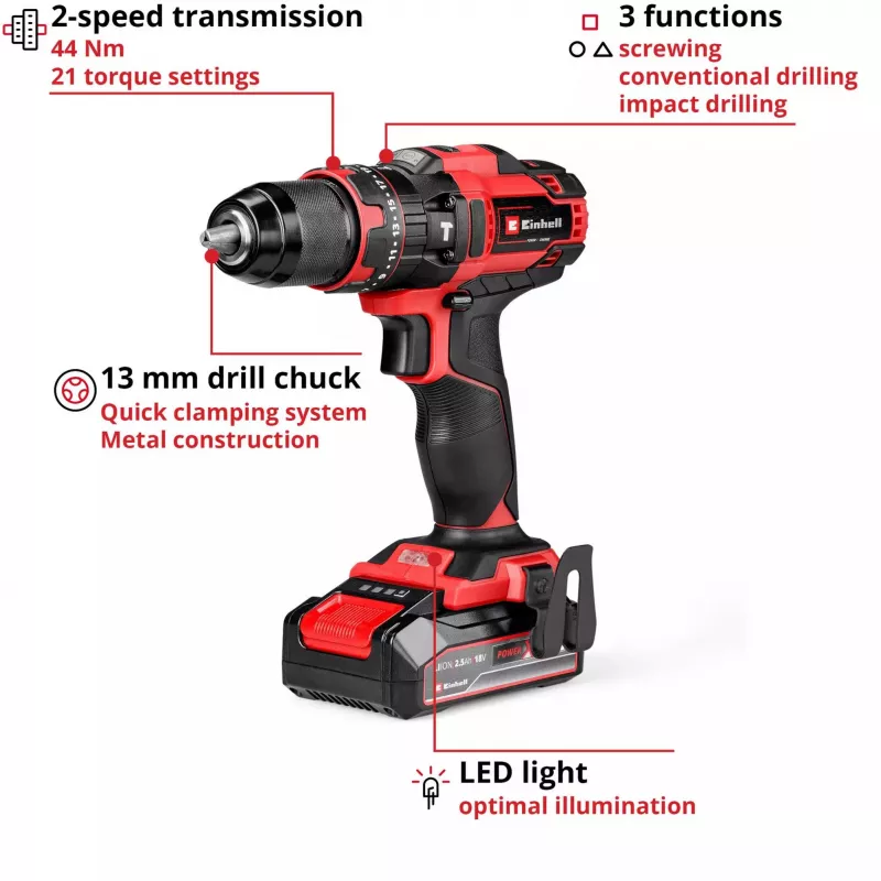 Einhell TE-CD 18/44 Li-I bezvadu urbjmašīna 24000 RPM 1.59 kg Melna, Sarkana