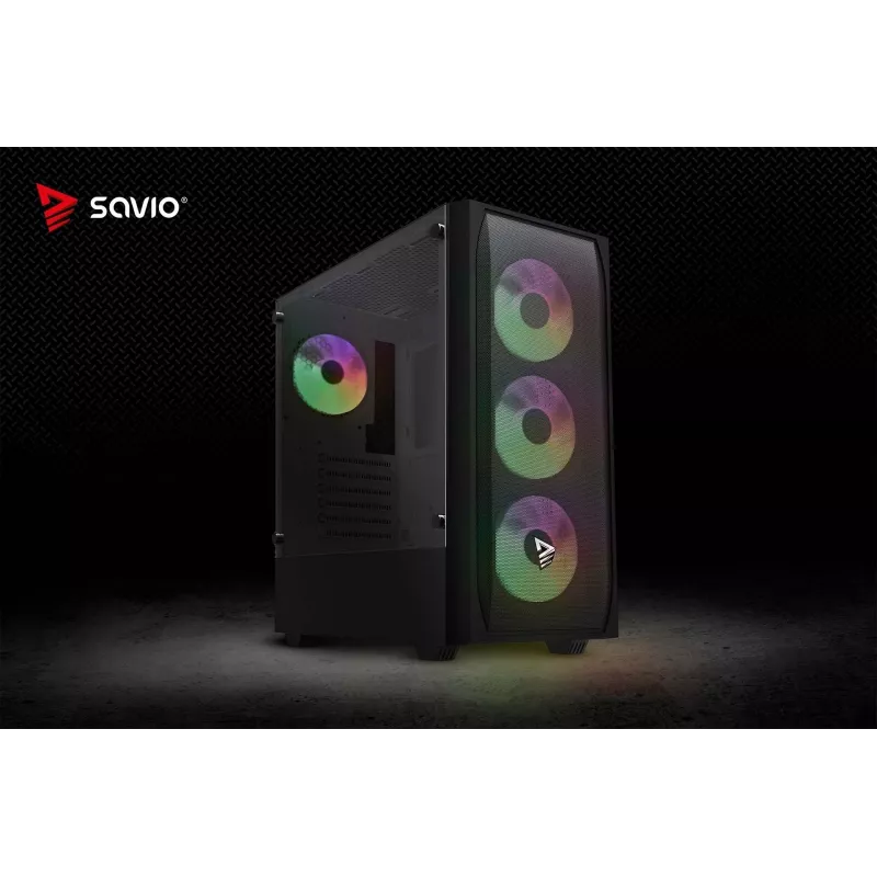 PC korpuss SAVIO Noctis Flow RGB — Cube, ATX/Mini-ITX, 3x 120 mm priekšējie ventilatori, rūdīta stikla sāns, max GPU 35 cm