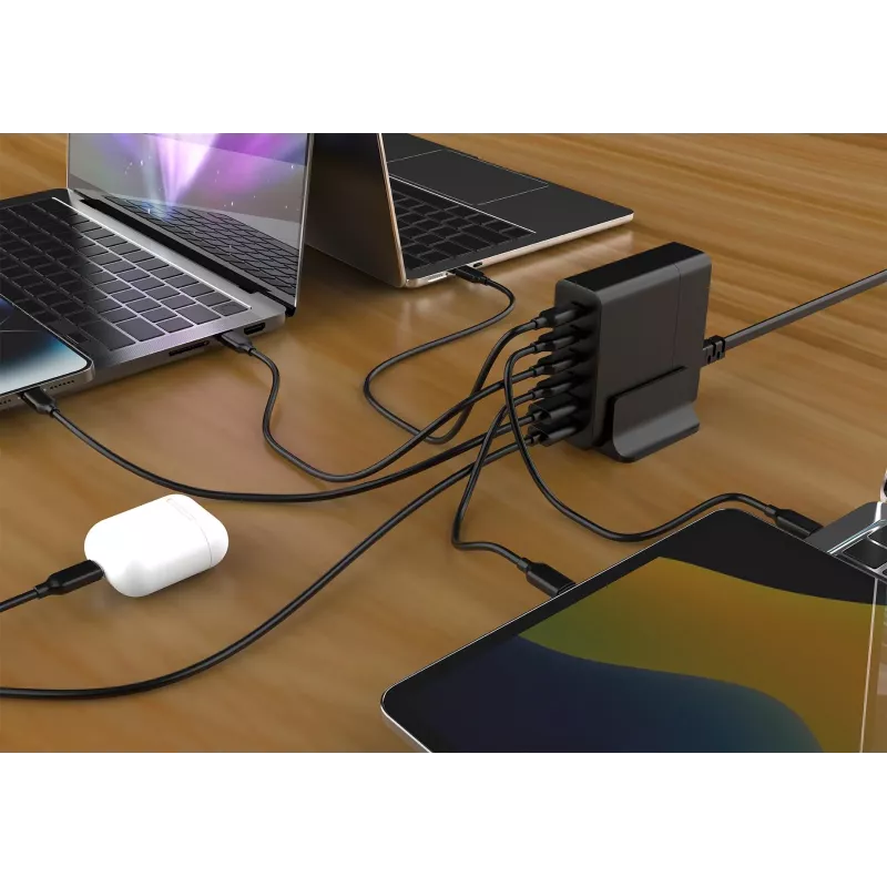 GEMBIRD TA-UC-2A4C-PD75-01-BK lādētājs — 75W, 4× USB-C + 2× USB-A, PD & QC3.0, 6 ierīču vienlaicīga uzlāde, 1,5 m kabelis, melns
