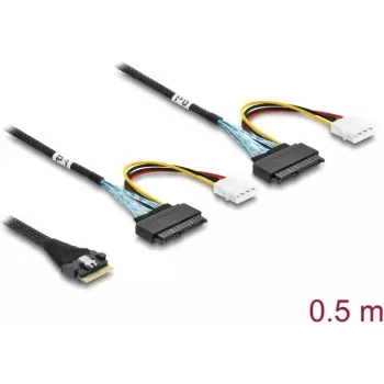 DELOCK PCIe 4.0 plānā SAS kabeļa SFF-8654 8i līdz 2× U.2 SFF-8639 ligzdām ar barošanas savienotāju 0.5 m