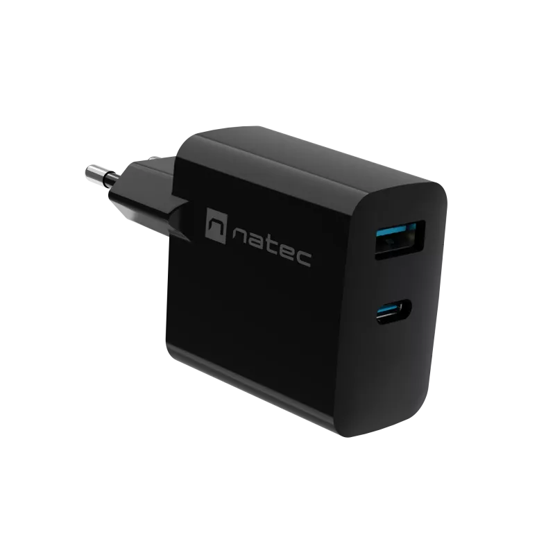 Vadu mobilās ierīces lādētājs NATEC NUC-2145, 65W, USB-C PD 3.0 + QC 3.0, 1x USB-C, 1x USB-A, 110–240V, Melns