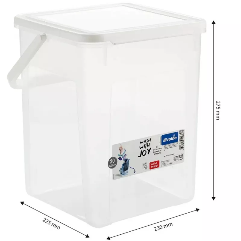 Plastmasas mazgāšanas līdzekļa tvertne Rotho Basic 9 L modelis 1770101100RP, balta, ar vāku un pakarināšanas caurumu