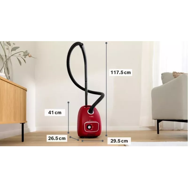 Putekļsūcējs Bosch BGB 41RD3H — 600 W, 4 L putekļu maiss, HEPA filtrs, 11 m darbības rādiuss, teleskopiskā caurule, sarkans