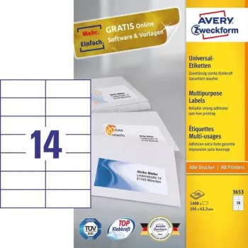 Avery 3653 pašlīmējošas etiķetes taisnstūrveida baltas 1400 gab.