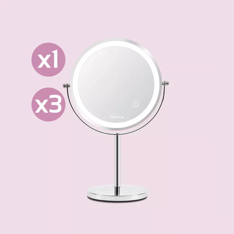 Bezrāmju spogulis Girmi BE02 — apaļš, nerūsējošais tērauds, LED ar pieskāriena vadību, 1x/3x palielinājums, USB-C uzlādējams (1000 mAh)