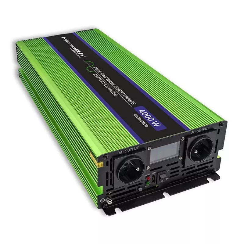 Qoltec Monolith sprieguma pārveidotājs | Akumulatora lādētājs | UPS | 2000W | 4000W | 12V uz 230V | Tīrs sinusoidāls | LCD melns-zaļš