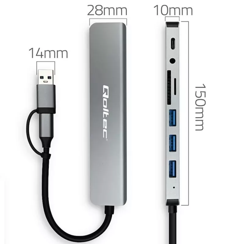QOLTEC USB-C centrmezgls 4x USB + SD/TF karšu lasītājs modelis 53794