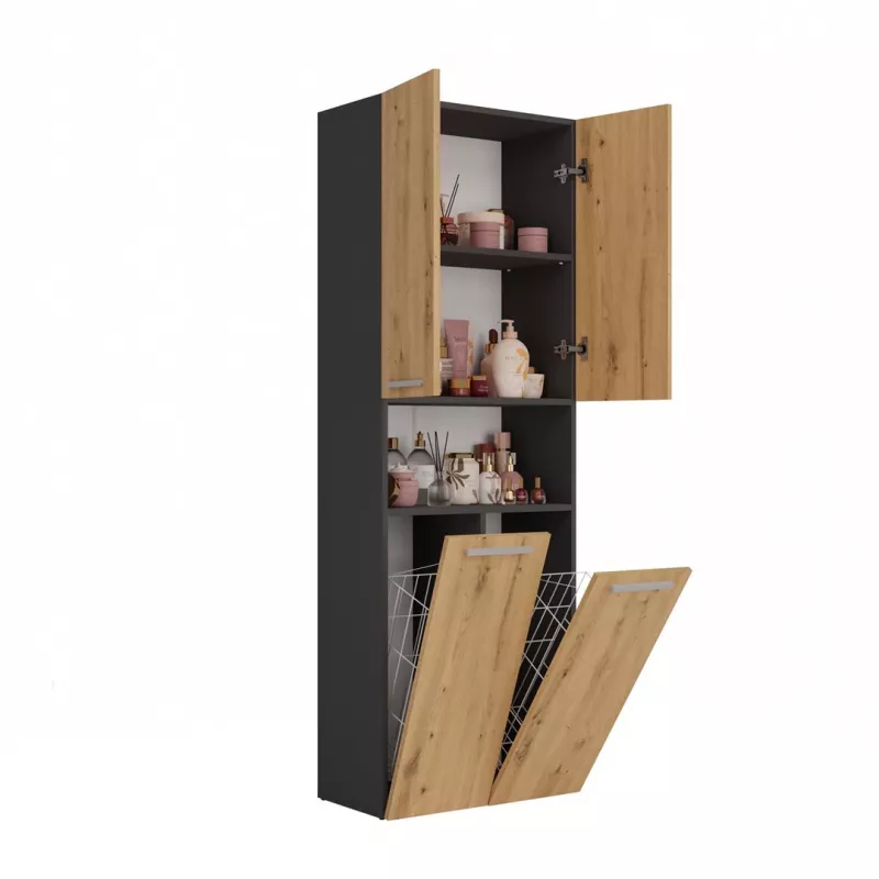Vannas istabas skapis Top e Shop NEL 2K DK ANT/ART KP — Grafīts/Ozols, brīvi stāvošs, 600×300×1740 mm, 3 plaukti