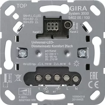 gira Uni-LED dimmer ieliktnis 2-vietīgs S3000 modelis 540200 LED apgaismojumam