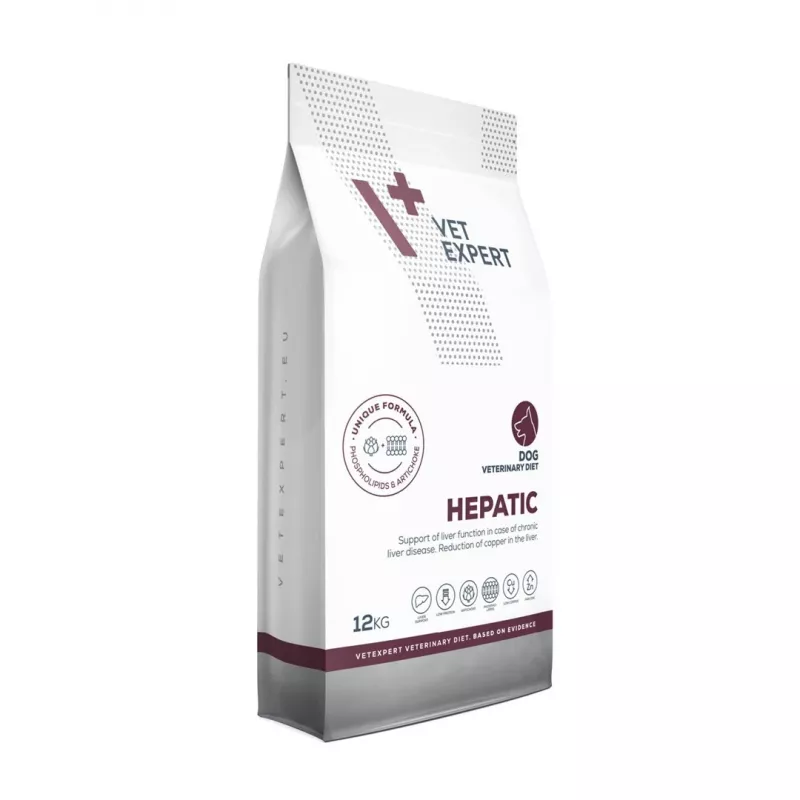 Sausā suņu barība VETEXPERT Veterinary Diet Hepatic 12 kg — diētiskā barība aknu atbalstam, gaļas garša, pieaugušiem suņiem 10–15,9 kg