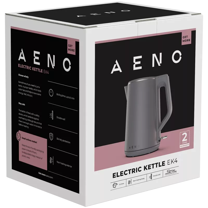 AENO Elektriskā tējkanna EK4: 1850-2200W, 1.5L, Strix, dubultsienas, nesildošs korpuss, automātiska izslēgšanās, aizsardzība pret sauso vārīšanu